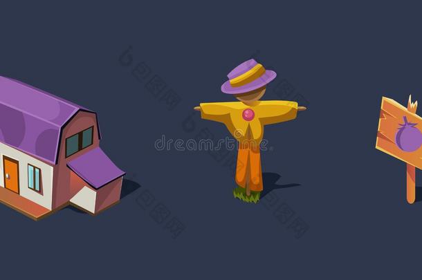 小的农场房屋和稻草人,可移动的游戏用户界面Guiana圭亚那英语字母表的第5个字母