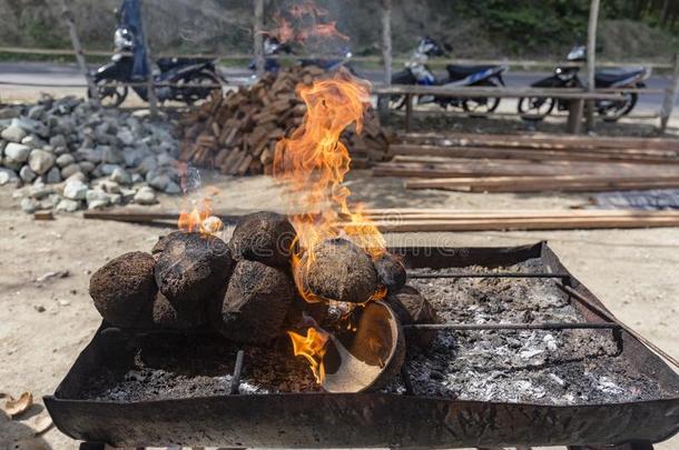 椰子barbecue吃烤烧肉的野餐