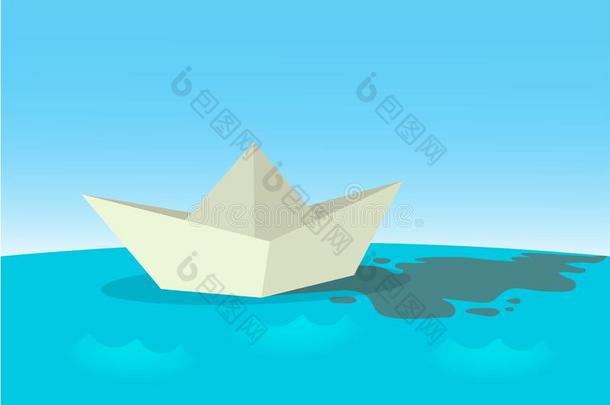 纸小船帆船运动向蓝色水表面.平的矢量illustrati