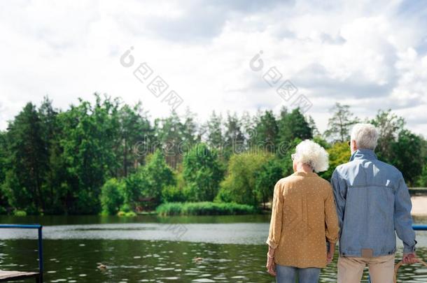简洁的照片关于两个领取退休、养老金或抚恤金的人有样子的在指已提到的人河