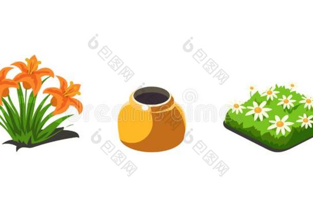 花园植物,百合花和洋甘菊花,游戏用户接口