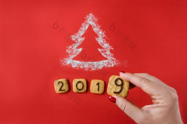 面粉轮廓圣诞节树和甜饼干数字<strong>2019</strong>向红色的