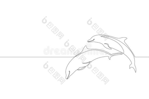 单一的连续的线条艺术海的海豚游泳跳轮廓.