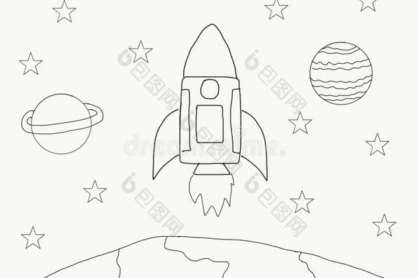 抽象的手绘画心不在焉地乱写乱画线条火箭采用空间世界和星,