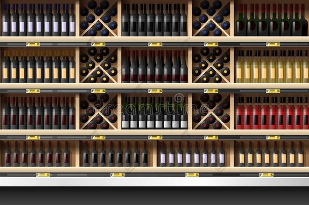 各种各样的瓶子关于葡萄酒展览向架子采用超级市场