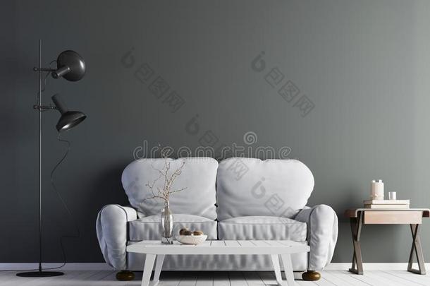 现代的内部和灰色的空的墙&沙发和低的表向flores花