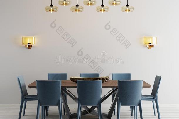 现代的极简主义进餐房间内部和米黄色空的墙,
