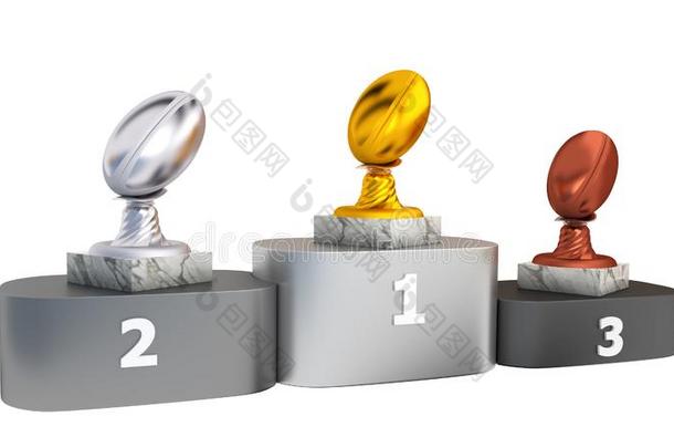 橄榄球运动金银和青铜奖品和大理石底部向一荚