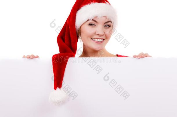 女人和空白的空的横幅板.圣诞节
