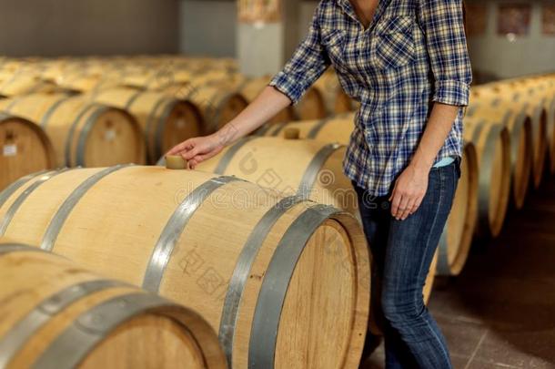 女人葡萄酒酿造者支票栎树葡萄酒桶采用哪一个红色的葡萄酒是（be的三单形式年龄