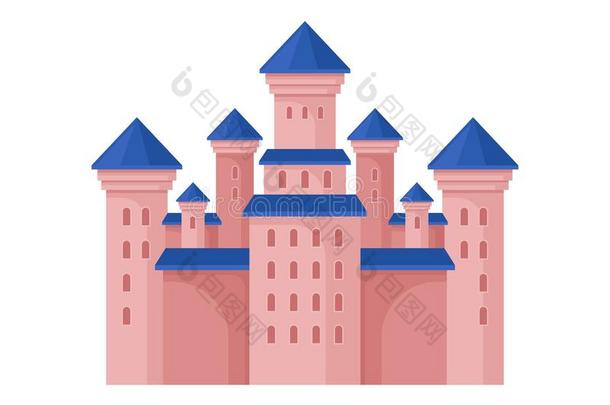 粉红色的王国的城堡和高的塔和蓝色屋顶.大大地仙女int.谢谢