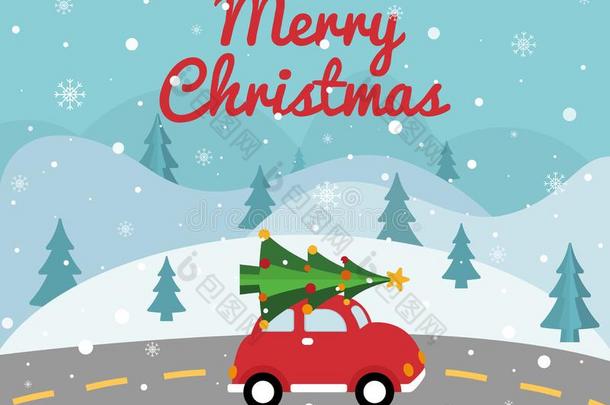 愉快的圣诞节红色的汽车和圣诞节树向指已提到的人顶.圣诞节汽车