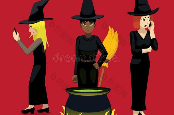漫画现代的女巫女人火罐漫画使摆姿势漫画矢量