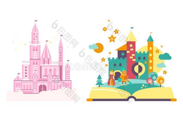 童话式的城堡,敞开的书和仙女传说王国矢量illustrate举例说明