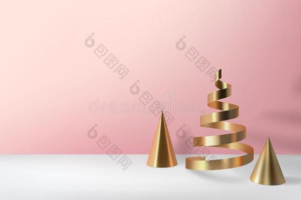 抽象的有光泽的圣诞节树.金色的卷金属的圆锥体,螺旋体属