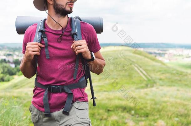 裁切不正的看法关于旅行支票和背包和旅行者席子步行