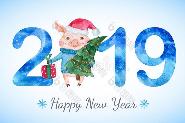 幸福的新的年横幅和漂亮的猪和算术.