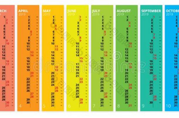 垂直的彩虹<strong>2019</strong>日历矢量,英语语言.<strong>2019</strong>Cana加拿大