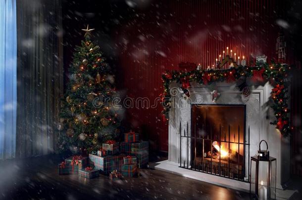 看法关于美好的白色的圣诞节装饰壁炉