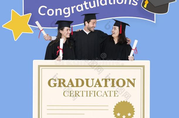 组关于毕业生采用盖和长袍和毕业证明书