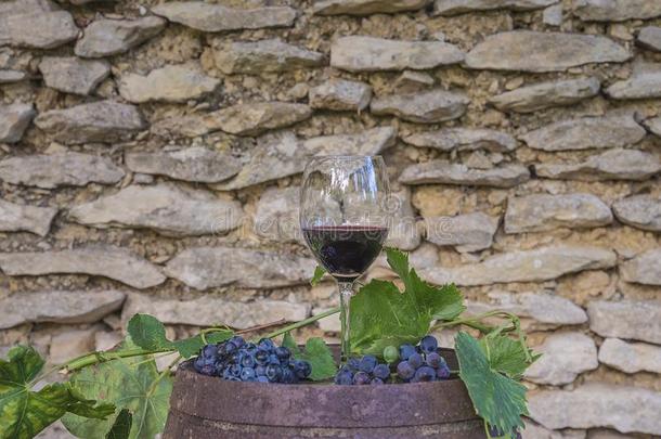 玻璃关于红色的葡萄酒和葡萄向指已提到的人老的葡萄酒桶
