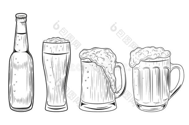 啤酒瓶子和眼镜.矢量说明隔离的向白色的英语字母表的第2个字母