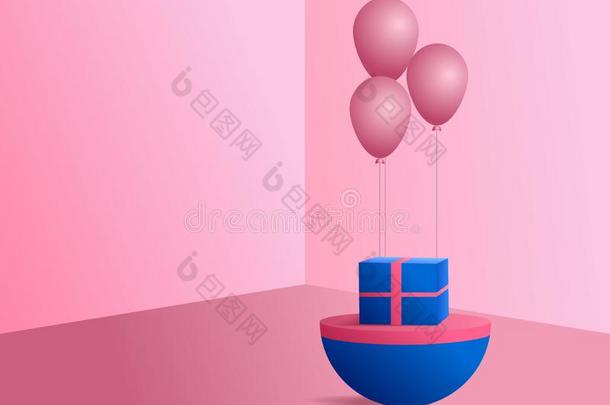 3英语字母表中的第四个字母现代的极简抽象艺术的假雷达粉红色的气球和赠品盒为普罗杜