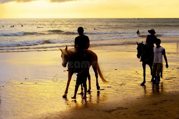 <strong>剪影</strong>和<strong>剪影</strong>关于旅行者骑马马向洋海滩在日落,英语字母表的第2个字母