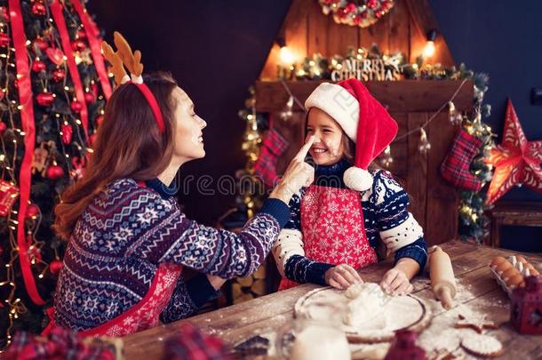 愉快的圣诞节和幸福的在假日.母亲和女儿烹饪术