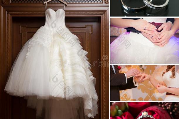 拼贴画关于婚礼照片.新婚的花束,衣服,美丽的装饰