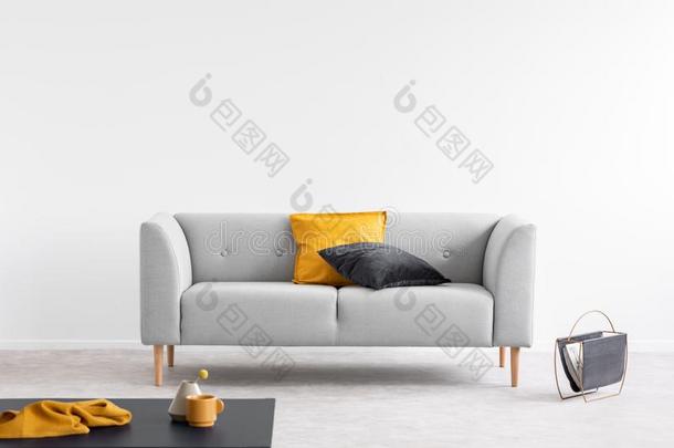 枕头向灰色的长沙发椅采用灰色的liv采用g房间采用terior和复制品土壤-植物-大气连续体