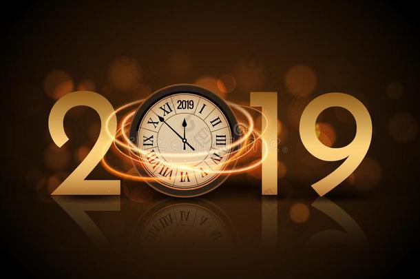 2019新的年光亮的背景和钟.幸福的新的年2019