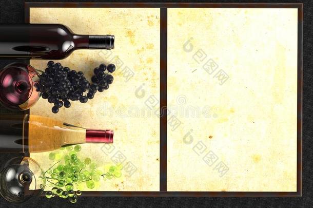 红色的和白色的葡萄酒玻璃和瓶子.葡萄和菜单向黑的用绳子拖的平底渡船