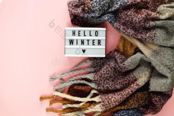 暖和的,舒适的冬衣服,围巾和灯箱同样地框架向p同样地te