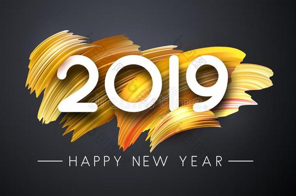 幸福的新的年2019海报和<strong>金色</strong>的刷子中风向灰色的用绳子拖的平底渡船