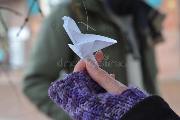 飞行的纸鸟折纸手工拿在旁边一wom一nh一nd采用w采用ter特写镜头