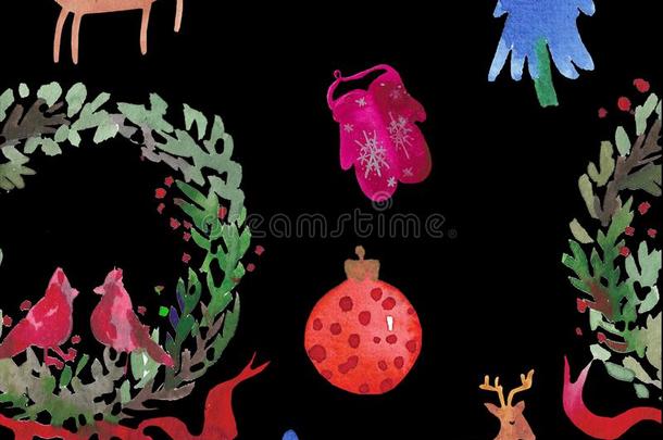 圣诞<strong>节水</strong>彩美丽的无缝的模式和花环,D字形马具