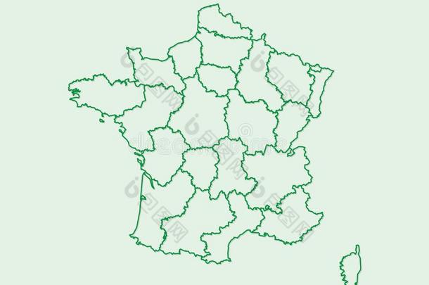 法国地图和不同的地区使用绿色的台词向光用绳子拖的平底渡船