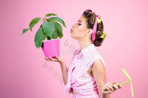 制动火箭女人生长的植物.花园.钉在墙上的女孩和时尚头发