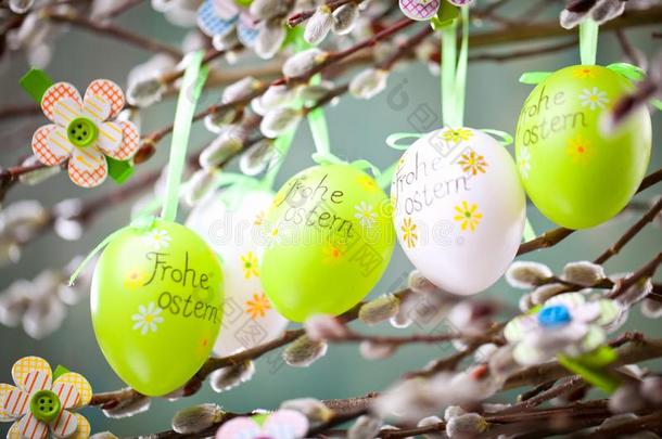 复活节猫咪-柳树和复活节鸡蛋向木制的背景.幸福的