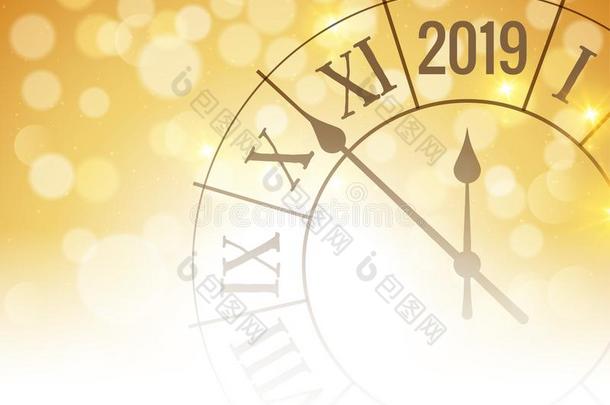 新的年2019金色的发光的焦外成像背景海报和钟一