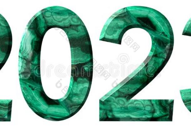 数词<strong>2023</strong>从自然的绿色的孔雀石,隔离的向白色的用绳子拖的平底渡船