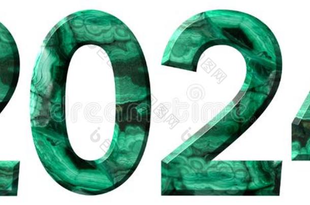 数词<strong>2024</strong>从自然的绿色的孔雀石,隔离的向白色的用绳子拖的平底渡船