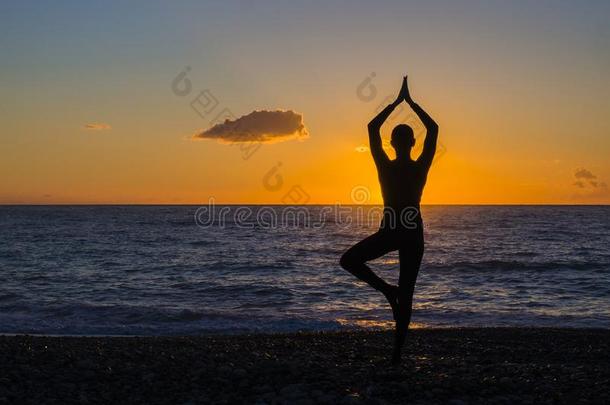 年幼的女人<strong>开业</strong>的瑜伽向指已提到的人海滩在日落