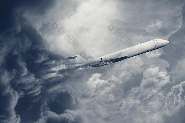 飞机飞行的通过骚动暴风雨和黑暗的云
