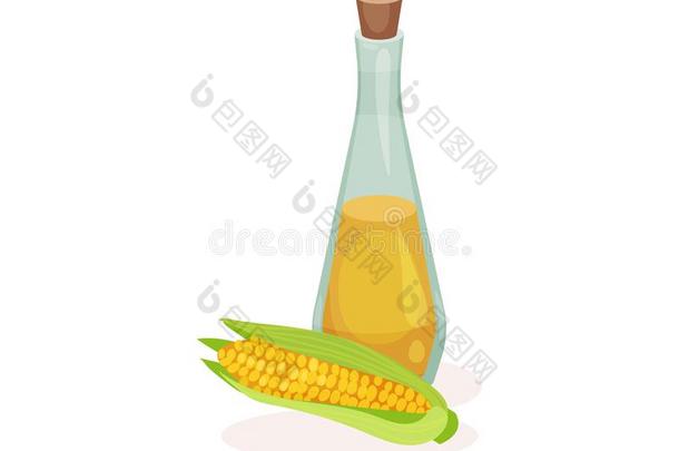 玻璃瓶子关于<strong>玉米油</strong>和成熟的谷物上端.自然的产品.英语字母表的第3个字母