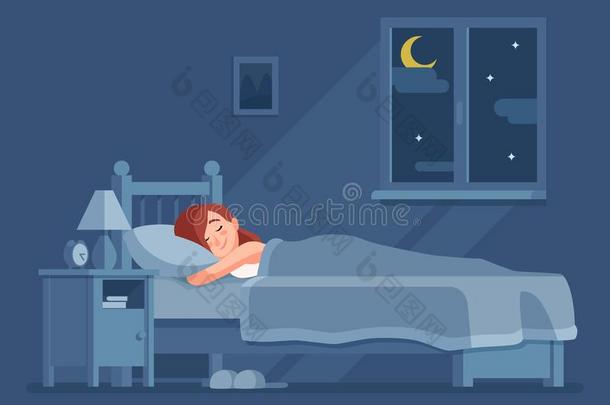女士睡眠在夜.女人睡采用床在下面羽绒被漫画英语字母表的第22个字母