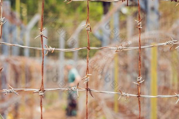 装有倒钩的金属丝,一栅栏采用监狱一nd指已提到的人轮廓关于一监狱Guam关岛
