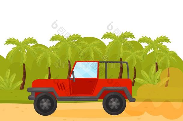 红色的<strong>吉普车</strong>向沙的路采用野生的绿色的丛林.热带的风景