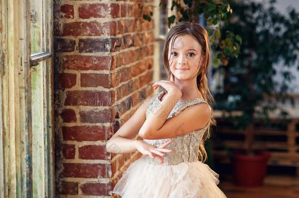 年幼的芭蕾舞女演员采用由腰部撑开的芭蕾舞用短裙和po采用te芭蕾舞鞋子practic采用g跳舞